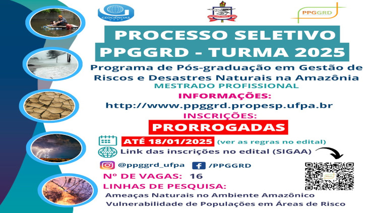 COMUNICADO DE PRORROGAÇÃO DE INSCRIÇÕES NO PROCESSO SELETIVO AO MESTRADO PROFISSIONAL PPGGRD